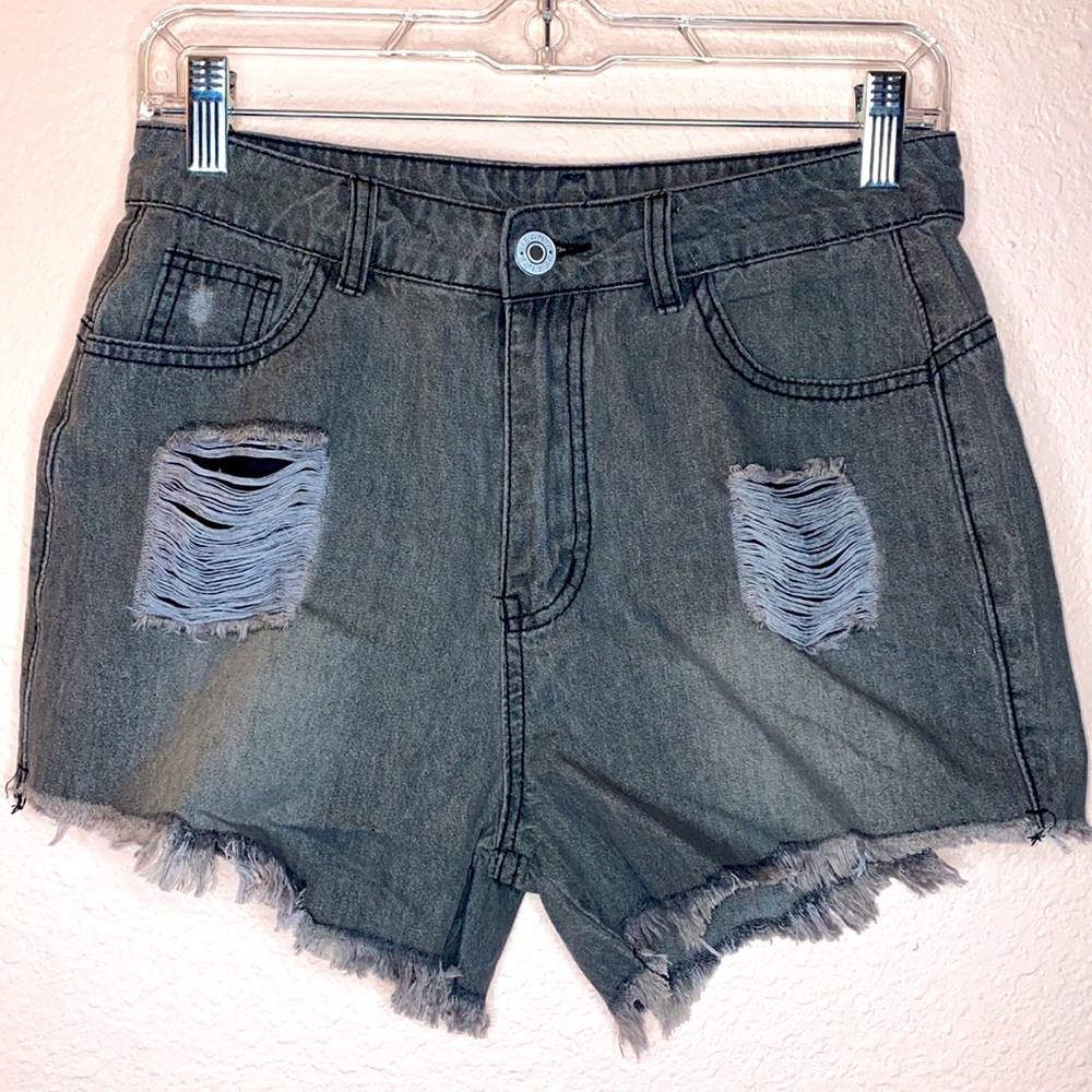 Light Black / Grey High Waisted Distressed Jean Shorts size medium